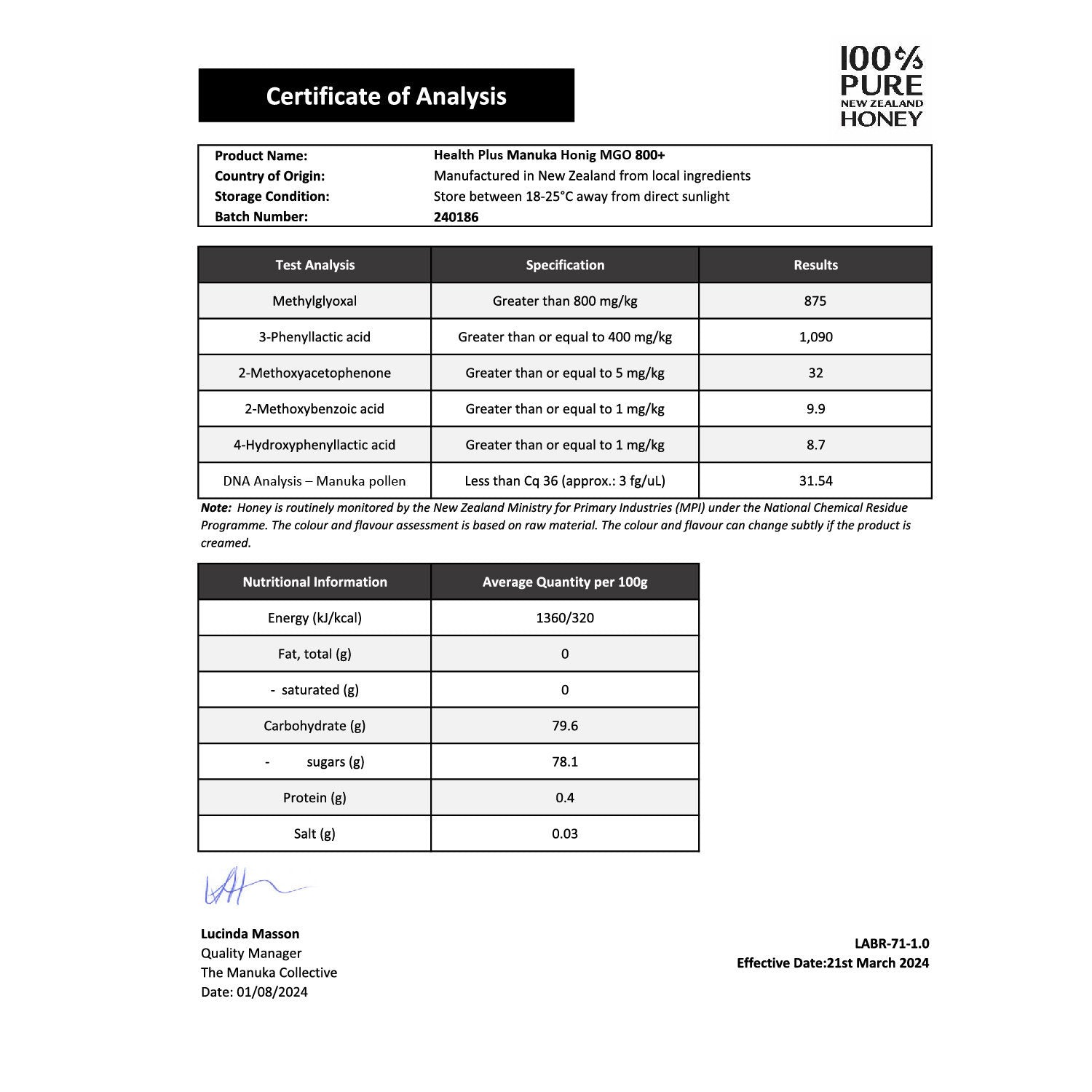 HEALTH+ MANUKA HONIG 250g