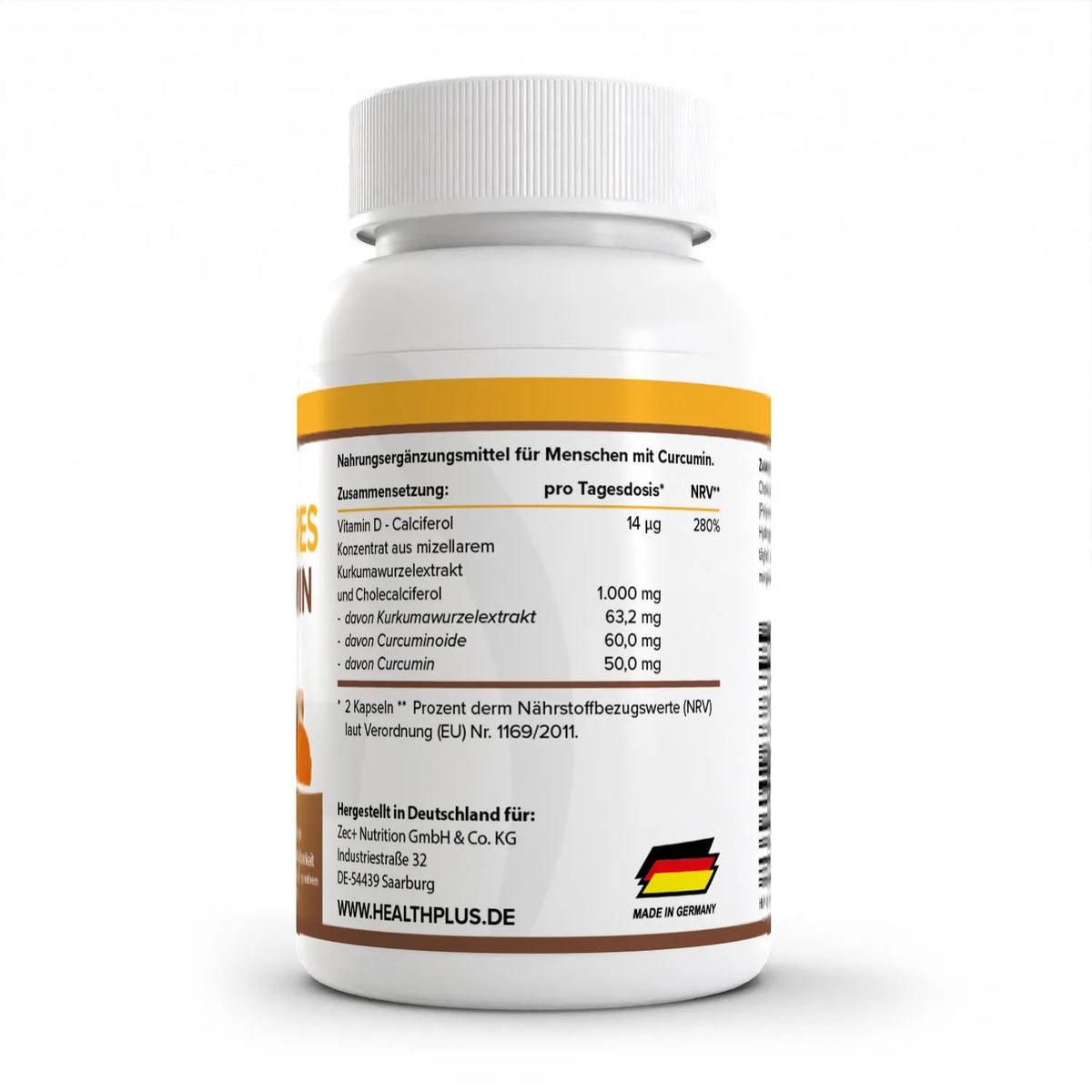 Healthplus Mizellares Curcumin 60 Kapseln Rückseite Nährwerte Zusammensetzung weiße Kunststoffdose