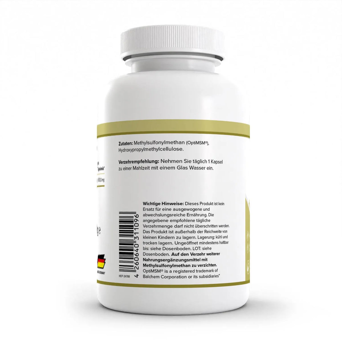 Healthplus MSM Methylsulfonylmethan 120 Kapseln Rückseite Zutaten und Verzehrempfehlung weiße Kunststoffdose