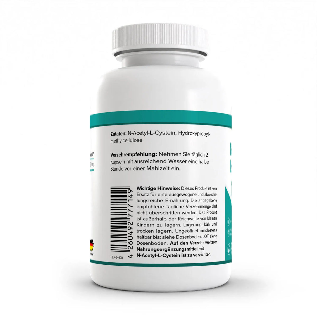 Healthplus N-Acetyl L-Cystein 120 Kapseln Rückseite Zutaten und Verzehrempfehlung weiße Kunststoffdose