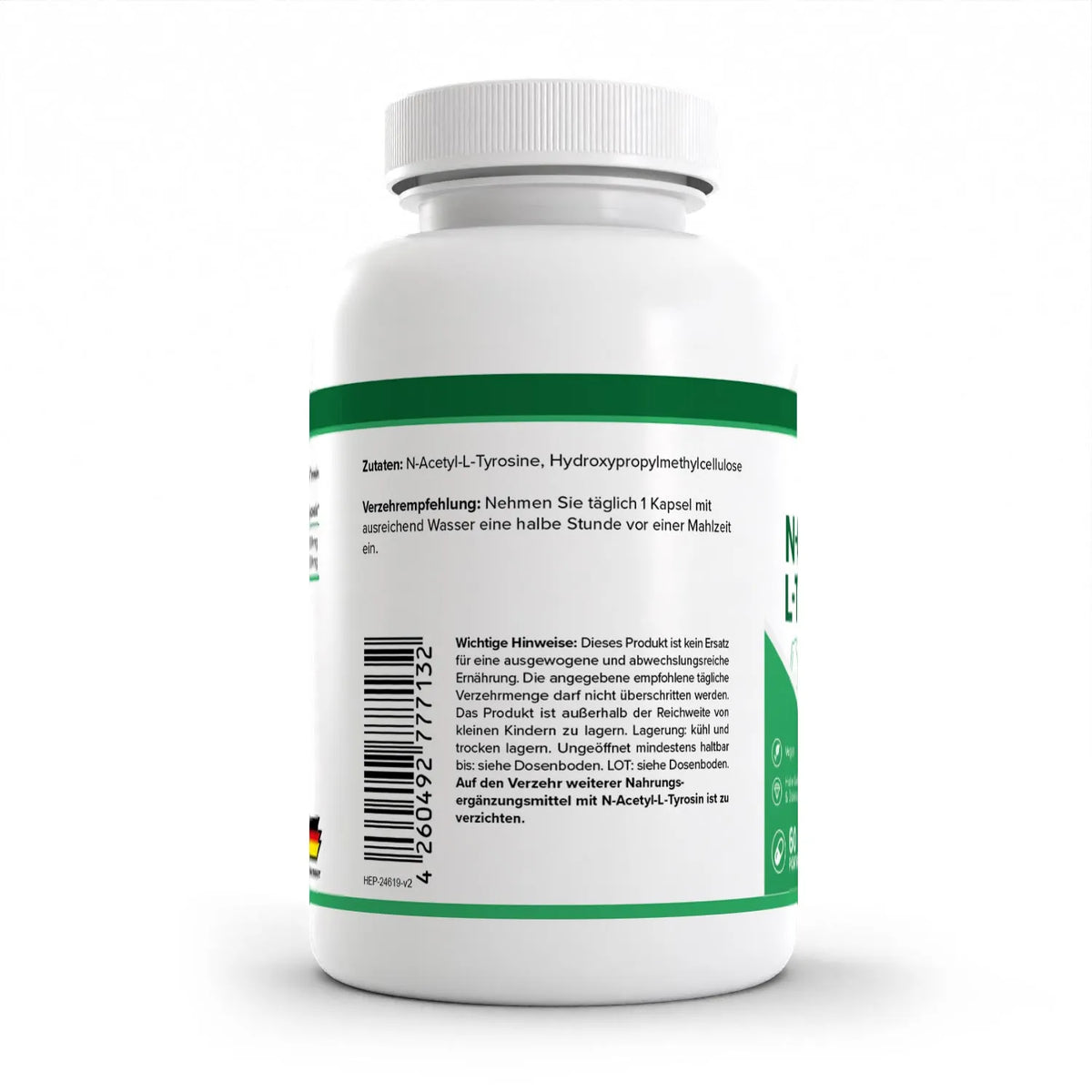 Healthplus N-Acetyl Tyrosin 60 Kapseln Rückseite Zutaten und Verzehrempfehlung weiße Kunststoffdose