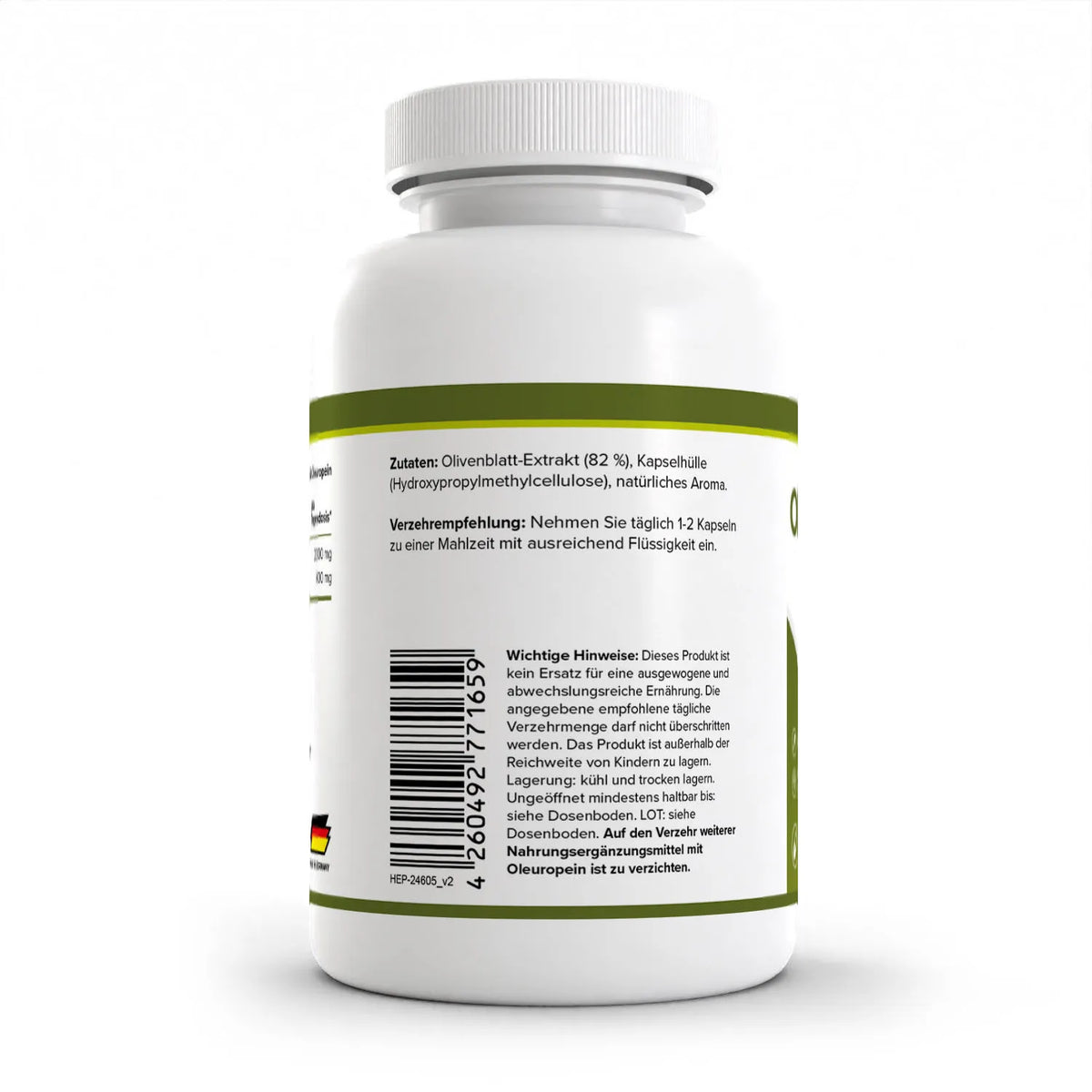 Healthplus Olivenblattextrakt 120 Kapseln Rückseite Zutaten und Verzehrempfehlung weiße Kunststoffdose