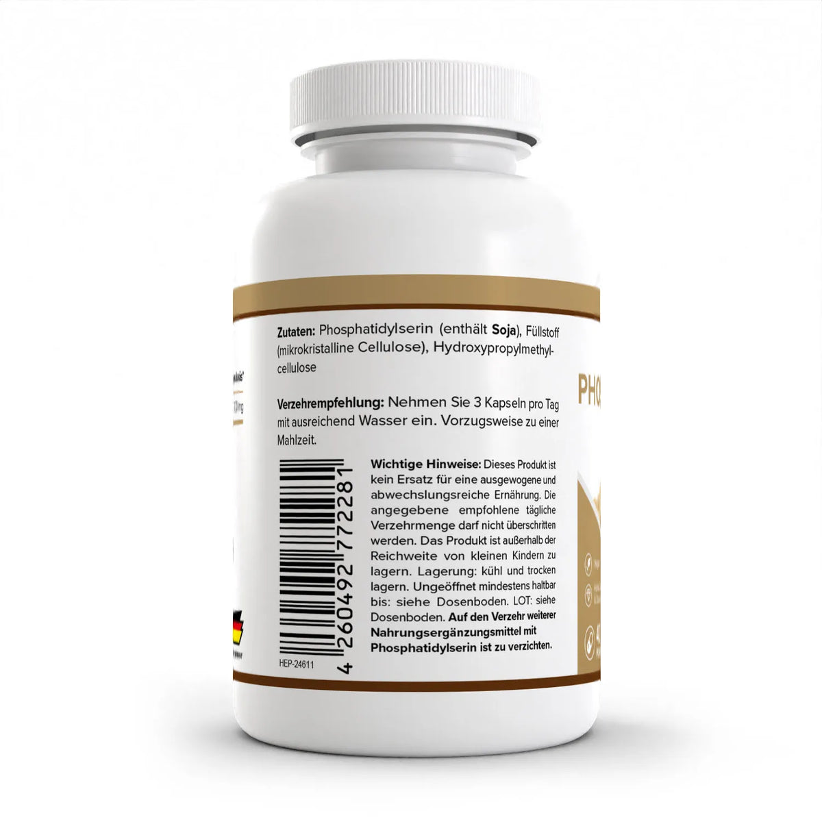 Healthplus Phosphatidylserin 120 Kapseln Rückseite Zutaten und Verzehrempfehlung weiße Kunststoffdose