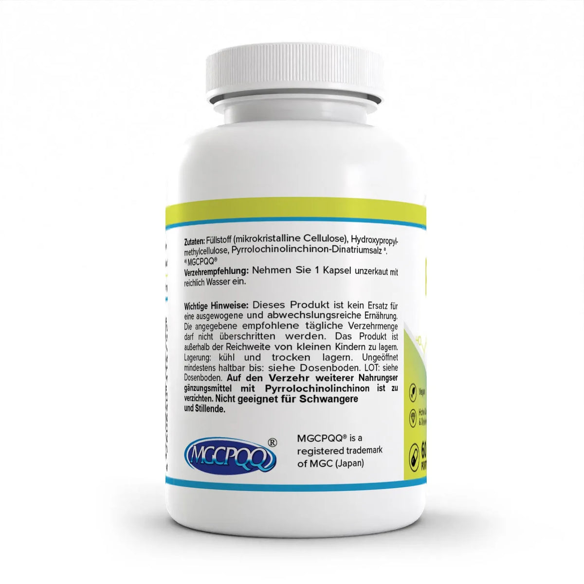 Healthplus PQQ Pyrrolochinolinchinon 60 Kapseln Rückseite Zutaten und Verzehrempfehlung weiße Kunststoffdose
