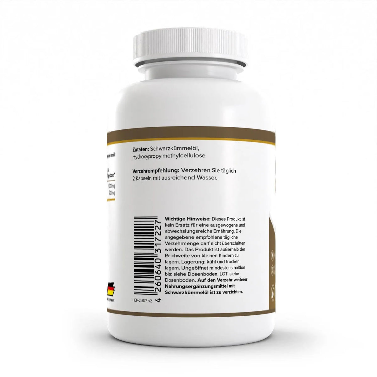 Healthplus Schwarzkümmelöl kaltgepresst 150 Kapseln Rückseite Zutaten und Verzehrempfehlung weiße Kunststoffdose