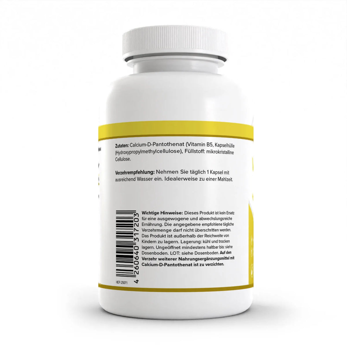 Healthplus Vitamin B5 120 Kapseln Rückseite Zutaten und Verzehrempfehlung weiße Kunststoffdose