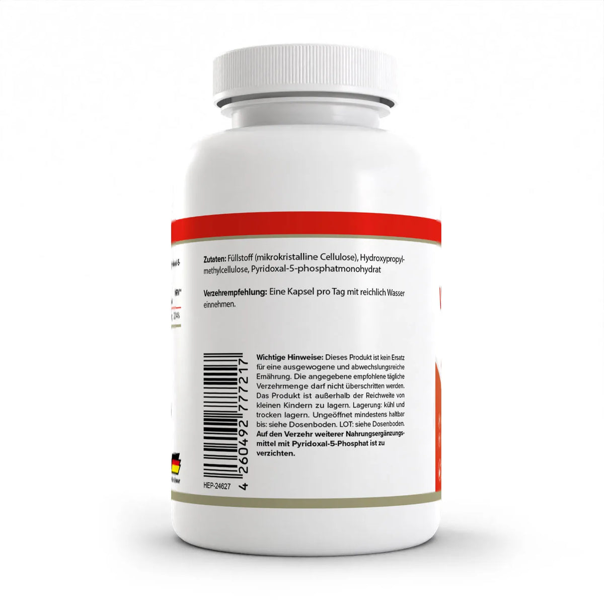 Healthplus Vitamin B6 120 Kapseln Rückseite Zutaten und Verzehrempfehlung weiße Kunststoffdose