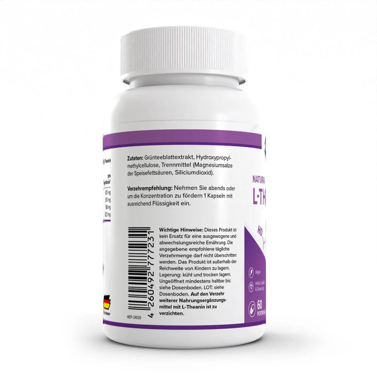 Healthplus L-Theanin 60 Kapseln Rückseite Zutaten und Verzehrempfehlung weiße Kunststoffdose