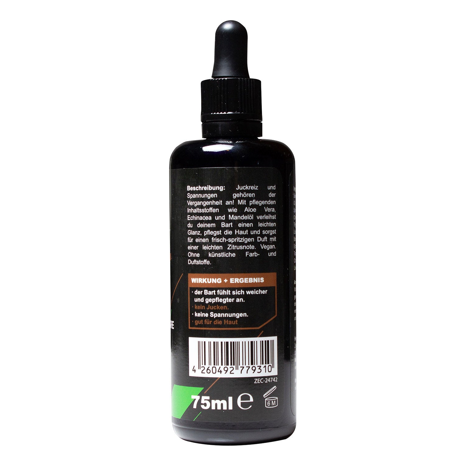 Zecplus Bartöl 75ml Rückseite schwarze Flasche mit Beschreibungstext Wirkung und Ergebnis