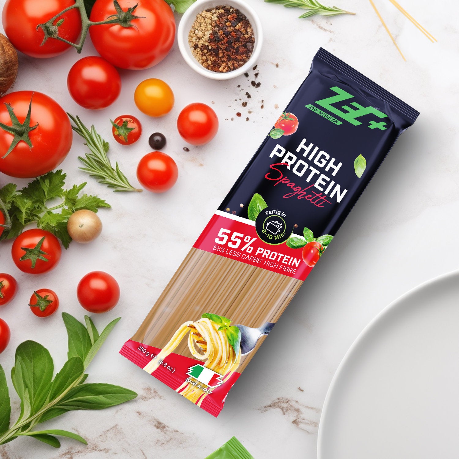 Zecplus High Protein Spaghetti 1 Packung 250g Rückseite Zutaten und Verzehrempfehlung Kunststoffverpackung