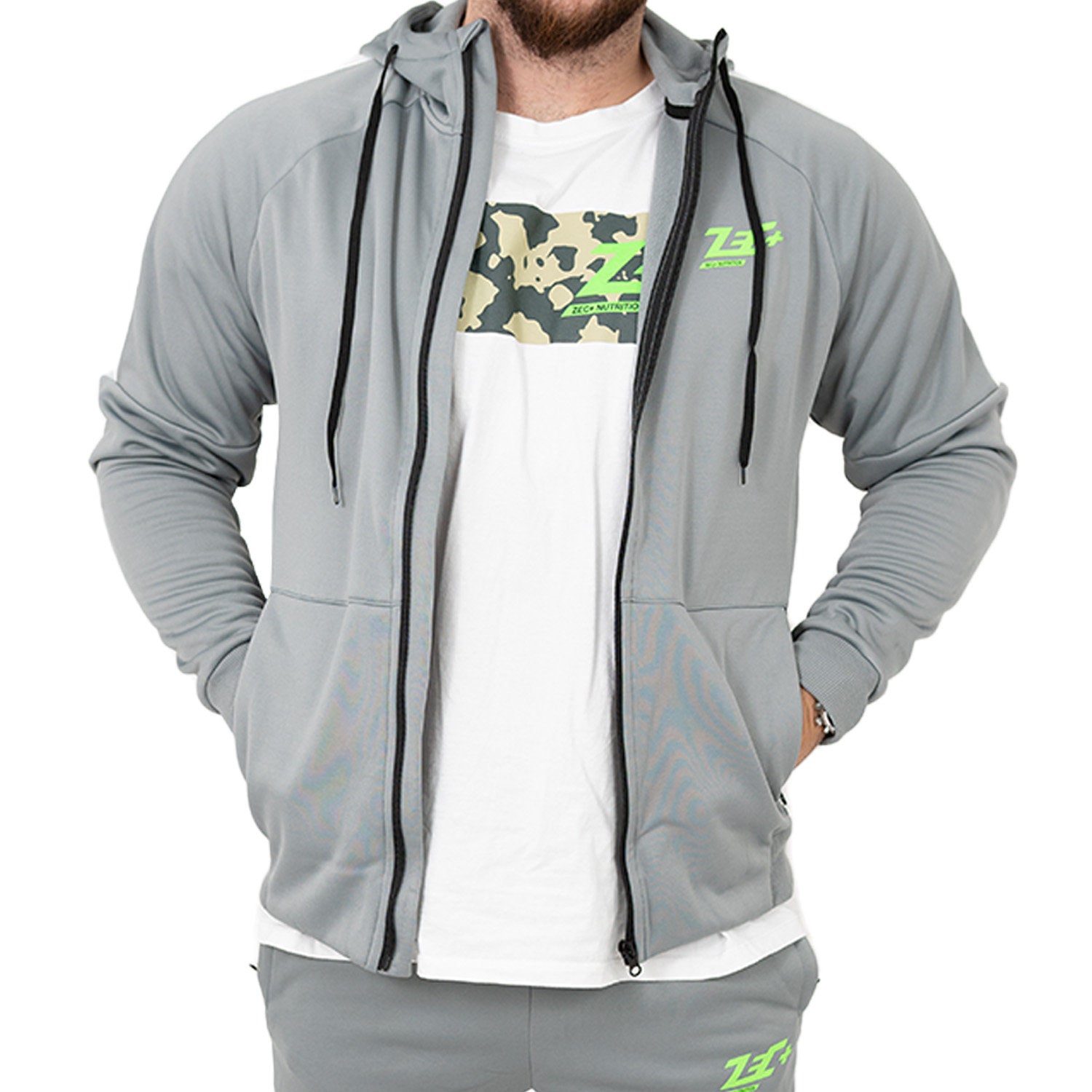 Zec+ Herren Tracksuit Jacke in Grau, geöffnet mit sichtbarem T-Shirt