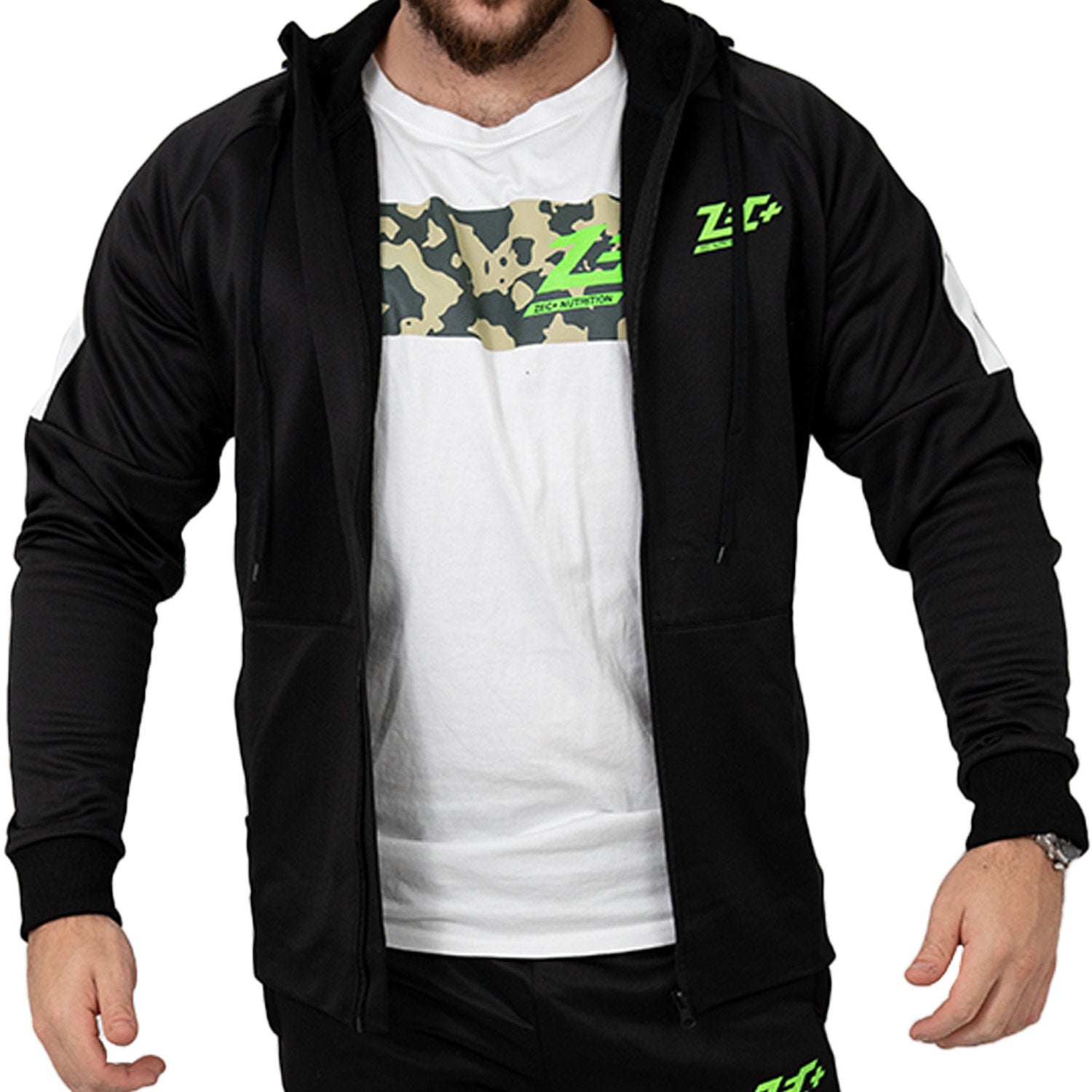 Zec+ Herren Trackuit Jacke schwarz offen getragen mit Shirt darunter