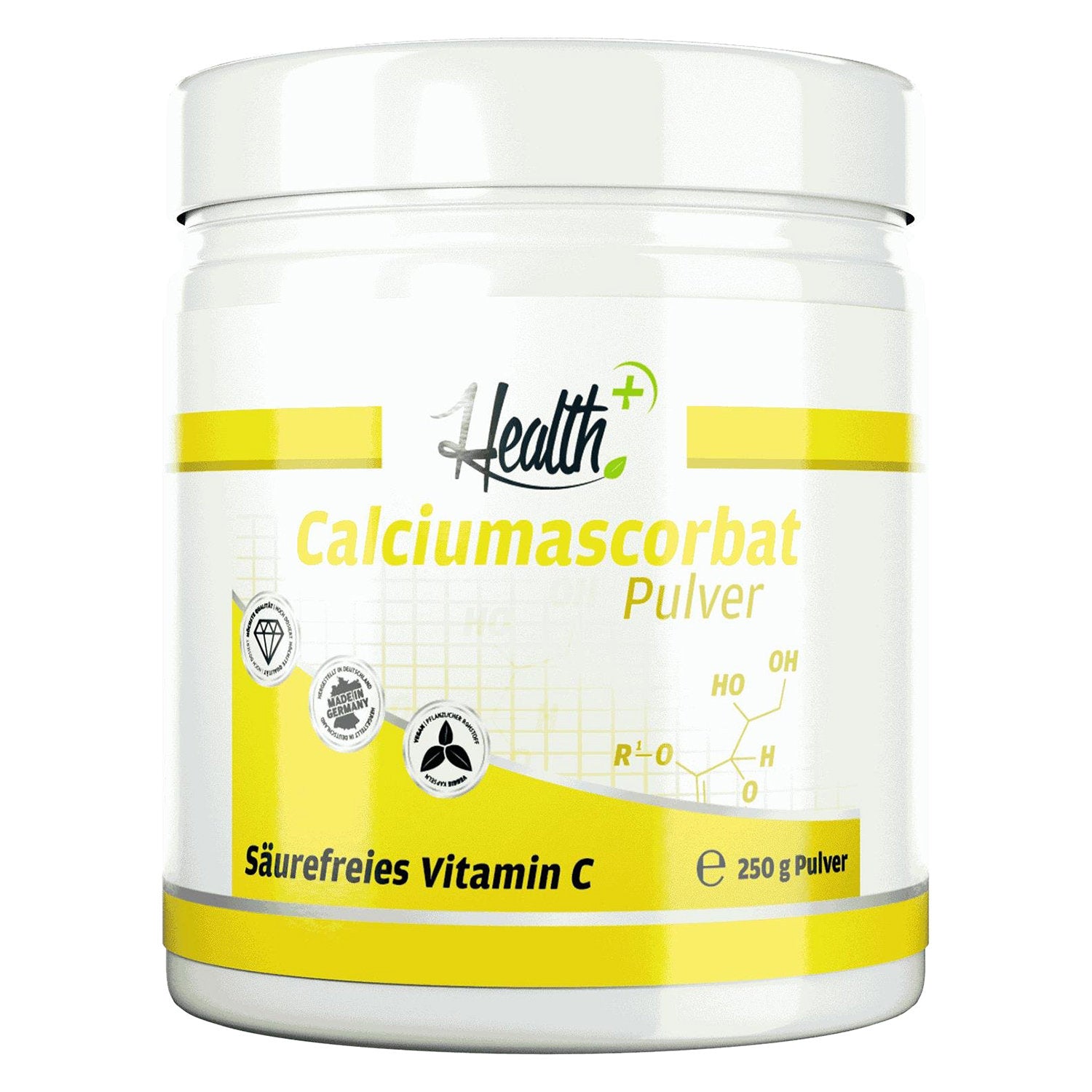 Healthplus Calciumascorbat Pulver Vorderseite weiße Kunststoffdose