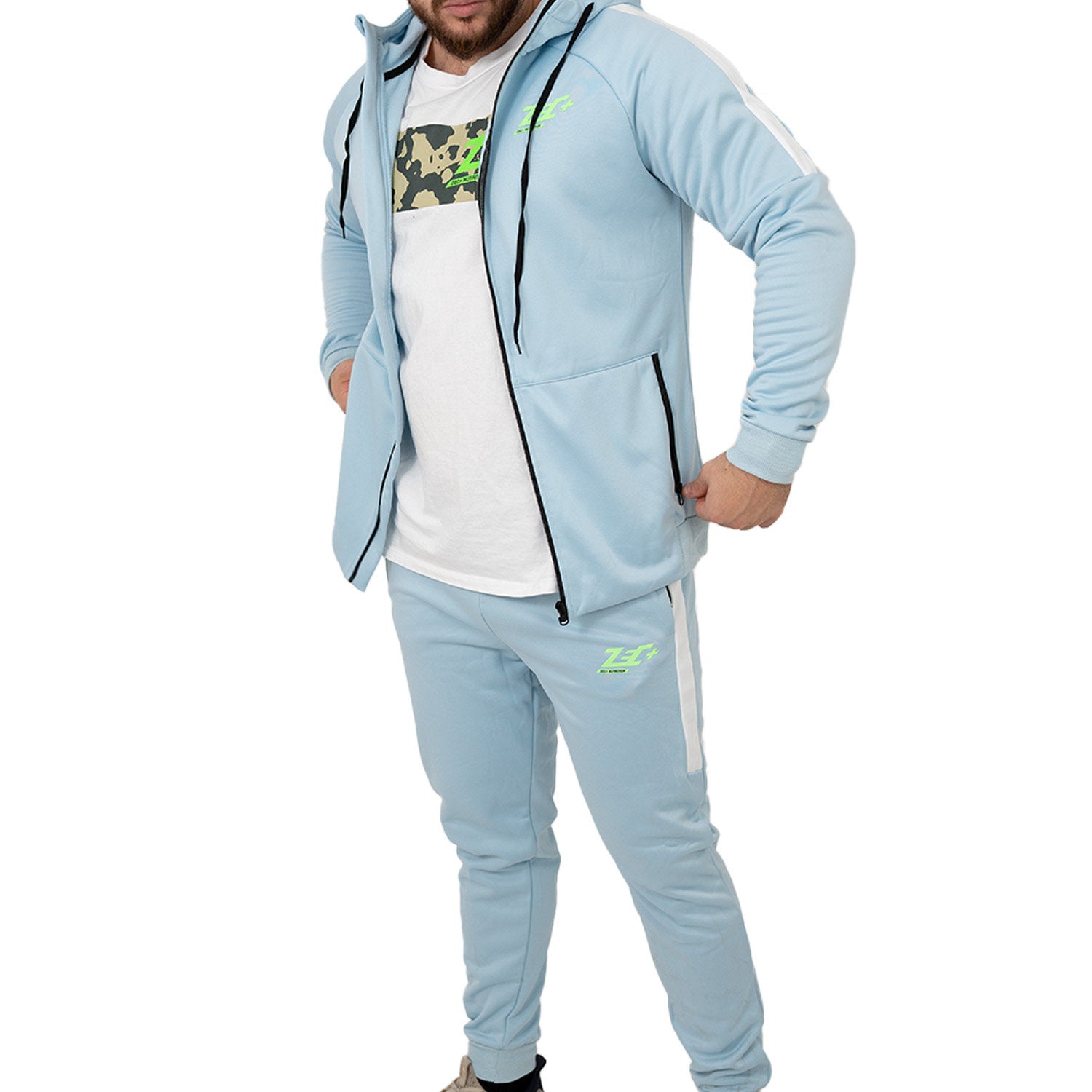 Blauer Zec+ Herren-Trainingsanzug linke Seitenansicht mit weißen Streifen