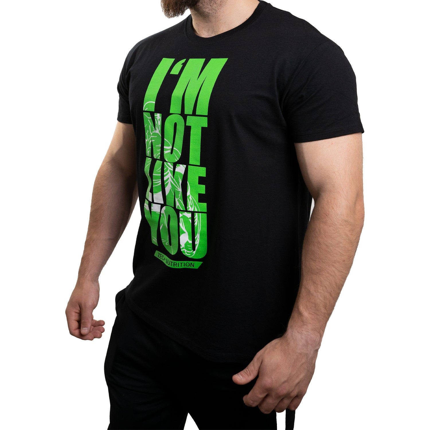 Schwarzes Zec+ Herren T-Shirt INLY 2022, schräge Vorderansicht links, markanter Aufdruck.