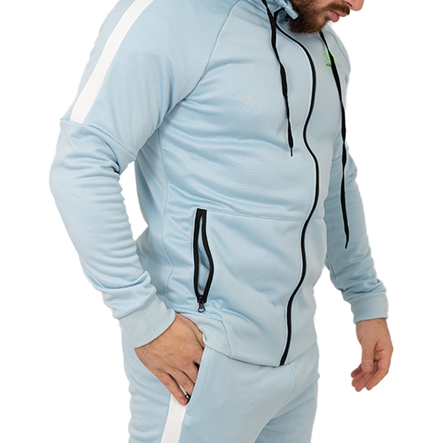 Zec+ Herren Trackuit Jacke in Blau, schräge Frontansicht mit Kapuze und Reißverschluss