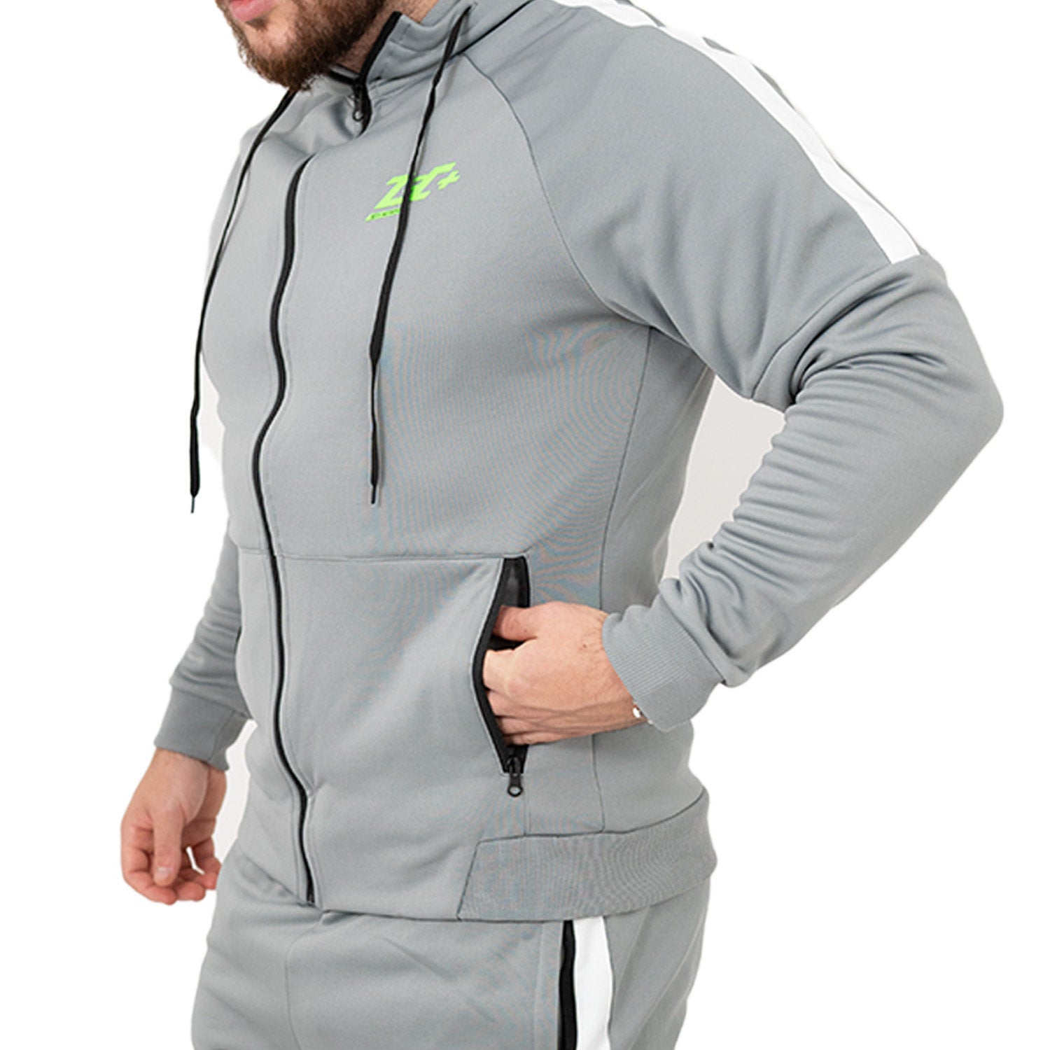Zec+ Herren Tracksuit Jacke in Grau, schräge Vorderansicht mit Kapuze und Taschen