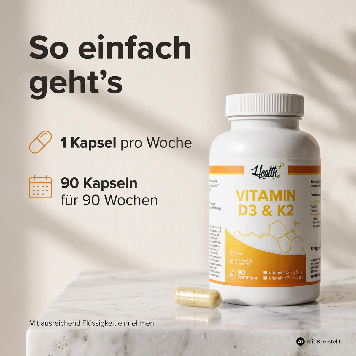 HEALTH+ VITAMIN D3 & K2, 90 Kapseln