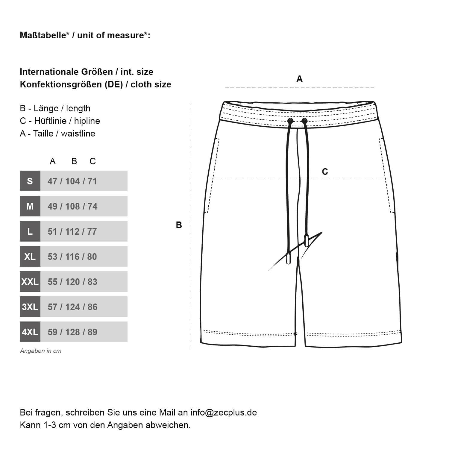 Größentabelle Zec+ Dual Shorts Herren S–4XL mit Maßen für Taille, Länge, Hüfte